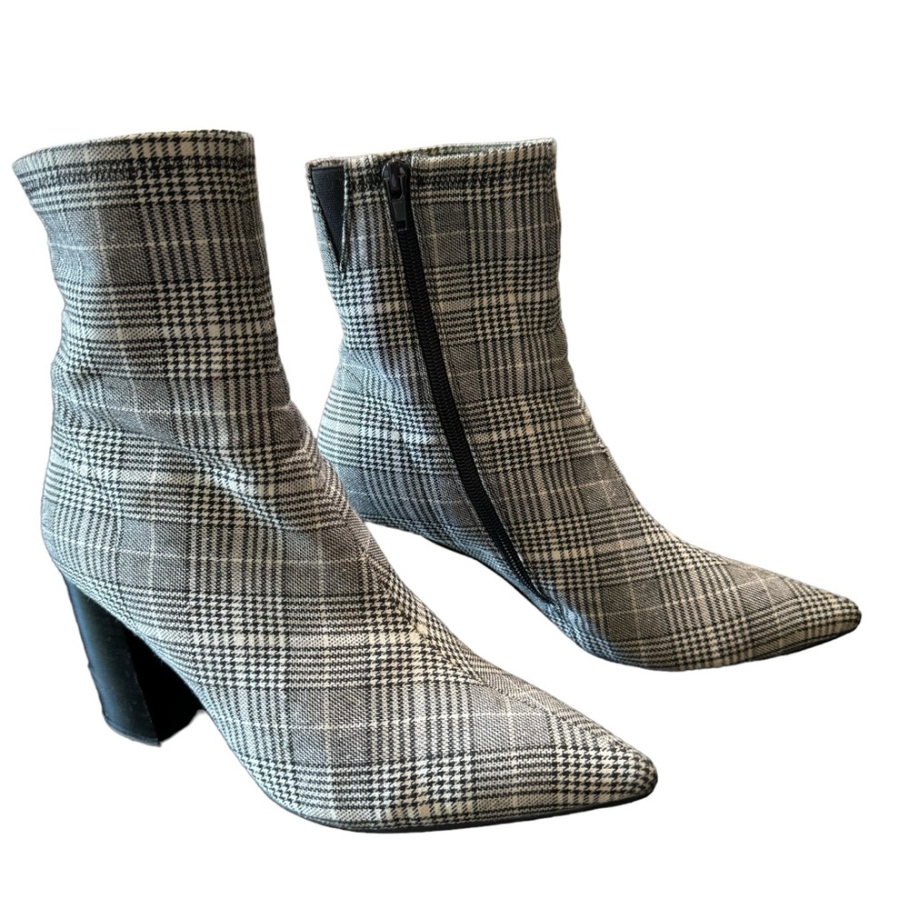 Jeffrey Campbell Sport Fabric Plaid Side Zip Pointed Toe Ankle Boots size 8.5